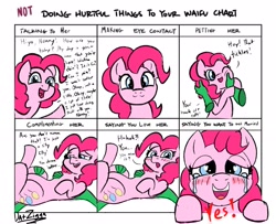 Size: 2527x2048 | Tagged: safe, artist:datzigga, pinkie pie, oc, oc:anon, earth pony, human, pony, g4, breaking the fourth wall, bridal carry, carrying, cheek pinch, crying, cute, dialogue, diapinkes, doing loving things, fourth wall, high res, human on pony petting, looking at you, meme, not doing hurtful things to your waifu, one eye closed, out of frame, petting, tears of joy, text