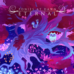 Size: 1500x1500 | Tagged: safe, artist:holivi, bird, owl, squirrel, ponies at dawn, album cover, cattails, flower, forest, no pony, reeds, tree, unnatural colors