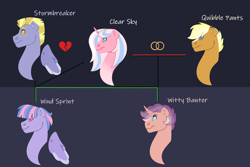 Size: 1280x854 | Tagged: safe, artist:itstechtock, clear sky, quibble pants, stormbreaker, wind sprint, oc, oc:witty banter, earth pony, pegasus, pony, unicorn, g4, divorce, horn, parent:clear sky, parent:quibble pants, parent:stormbreaker, parents:quibblesky, unicorn oc