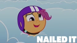 Size: 1920x1080 | Tagged: safe, edit, edited screencap, editor:quoterific, screencap, scootaloo, pony, g4, parental glideance, season 7, derp, female, filly, helmet, nailed it, quote, solo
