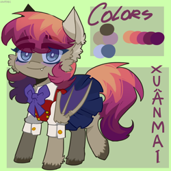 Size: 1024x1024 | Tagged: safe, artist:vampsaki, oc, oc only, oc:xuan mai, bat pony, pony, bat pony oc, bowtie, clothes, cute, cute little fangs, fangs, looking at you, reference sheet, skirt, solo, unshorn fetlocks