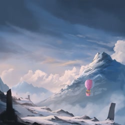 Size: 894x894 | Tagged: safe, alternate version, artist:shamanguli, pony, ponies at dawn, album cover, cloud, hot air balloon, mountain, ruins, scenery, signature, solo