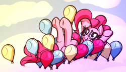 Size: 3890x2220 | Tagged: safe, artist:jetwave, pinkie pie, earth pony, pony, g4, balloon, cloud, floating, high res, hooves up, legs in air, looking at you, lying down, on back, party balloon, solo, that pony sure does love balloons, then watch her balloons lift her up to the sky