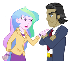 Size: 872x728 | Tagged: safe, artist:wesleyabram, filthy rich, princess celestia, principal celestia, equestria girls, g4, angry, bracelet, brooch, celestia is not amused, cutie mark accessory, cutie mark brooch, duo, female, jewelry, male, pointing, simple background, story in the source, unamused, watch, white background, wip, wristwatch