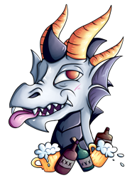 Size: 2616x3524 | Tagged: safe, artist:coco-drillo, oc, oc only, oc:nugget, dragon, beer stein, bust, commission, drunk, fangs, high res, horns, simple background, solo, tongue out, transparent background