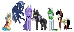 Size: 4096x1793 | Tagged: safe, artist:melodytheartpony, oc, bat pony, changeling, pegasus, pony, unicorn, commission, cute, female, friends, group photo, hug, male, multiple characters, smiling