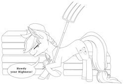 Size: 3768x2551 | Tagged: safe, artist:melodytheartpony, applejack, earth pony, pony, g4, bowing, commission, cowboy hat, cowgirl, cute, female, hat, hay bale, high res, lineart, pitchfork, solo