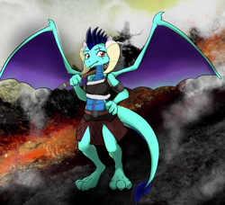 Size: 2616x2386 | Tagged: safe, artist:stardust-pony, oc, dragon, hybrid, barbarian, high res, leather armor, offspring, parent:princess ember, posing for photo, scar, volcano