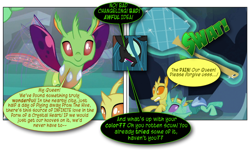 Size: 868x522 | Tagged: safe, artist:dziadek1990, edit, edited screencap, screencap, arista, clypeus, queen chrysalis, soupling, changedling, changeling, fanfic:no to easy solutions, g4, comic, conversation, crystal heart, dialogue, flyswatter, ouch, punishment, requested art, screencap comic, slice of life, text