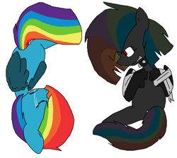 Size: 870x778 | Tagged: safe, artist:dramaostrich, oc, oc:rainbow death, pegasus, pony, age difference, bandage, bandaged wing, choker, crying, duo, duo female, female, filly, mare, multicolored hair, simple background, spiked choker, white background, wings