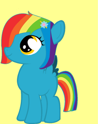 Size: 711x896 | Tagged: safe, artist:dramaostrich, oc, oc only, oc:rainbow death, pegasus, pony, blank flank, female, filly, foal, hairclip, multicolored hair, simple background, solo, yellow eyes