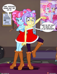 Size: 1500x1942 | Tagged: safe, artist:dieart77, kiwi lollipop, supernova zap, art pack:the postcrush undress, equestria girls, g4, bare shoulders, bedroom eyes, blushing, christmas, clothes, comic, dress, duo, duo female, female, holiday, k-lo, looking at you, panties, patreon, postcrush, sleeveless, smiling, speech bubble, strapless, striptease, su-z, underwear