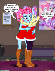 Size: 1500x1942 | Tagged: safe, artist:dieart77, kiwi lollipop, supernova zap, art pack:the postcrush undress, equestria girls, g4, armpits, bare shoulders, bedroom eyes, blushing, christmas, clothes, comic, dress, duo, duo female, female, holiday, k-lo, lip bite, looking at you, panties, patreon, postcrush, sleeveless, smiling, speech bubble, strapless, striptease, su-z, underwear