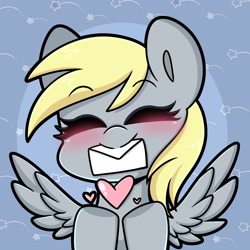 Size: 1500x1500 | Tagged: safe, artist:sakukitty, derpy hooves, pegasus, pony, g4, blushing, bust, cute, derpabetes, eyes closed, female, heart, letter, mare, mouth hold, portrait, solo, spread wings, wings