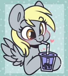 Size: 1352x1500 | Tagged: safe, artist:sakukitty, derpy hooves, pegasus, pony, g4, blushing, bubble tea, bust, cute, derpabetes, drink, drinking, female, heart, hoof hold, mare, smiling, solo, spread wings, stars, straw, wings