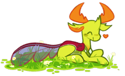 Size: 500x304 | Tagged: safe, artist:bumblesnail-art, thorax, changedling, changeling, g4, cute, eyes closed, floating heart, heart, king thorax, lying down, male, prone, simple background, smiling, solo, thorabetes, transparent background
