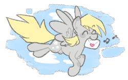 Size: 500x314 | Tagged: dead source, safe, artist:bumblesnail-art, derpy hooves, pegasus, pony, cloud, cute, derpabetes, eyes closed, female, flying, letter, mare, mouth hold, music notes, simple background, sky, smiling, solo, spread wings, transparent background, wings