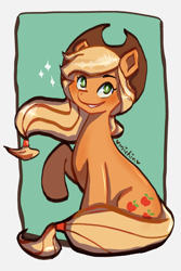 Size: 1200x1800 | Tagged: safe, artist:michinart, applejack, earth pony, pony, g4, cute, female, jackabetes, mare, sitting, smiling, solo