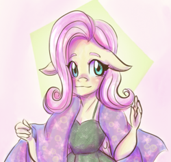 Size: 1029x975 | Tagged: safe, artist:thetalkingwave, fluttershy, pegasus, anthro, g4, blushing, breasts, bust, cleavage, clothes, cute, dress, female, floppy ears, shawl, shyabetes, solo