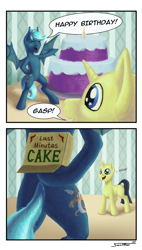 Size: 1000x1758 | Tagged: safe, artist:sa1ntmax, oc, oc:guttatus, bat pony, pony, unicorn, cake, duo, food