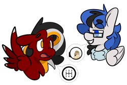 Size: 1792x1200 | Tagged: safe, artist:myahster, oc, oc only, oc:kezzie, oc:margon, pegasus, pony, duo, eyebrows, eyebrows visible through hair, glasses, inside joke, no pupils, simple background, speech bubble, transparent background
