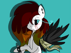 Size: 681x512 | Tagged: safe, artist:dramaostrich, oc, oc only, oc:cleancut, pegasus, pony, bandage, bandaged wing, black sclera, blood, blushing, crying, ear piercing, female, icon, piercing, simple background, solo, spiked wristband, tears of blood, wings, wristband