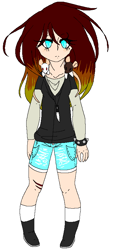 Size: 392x864 | Tagged: safe, artist:dramaostrich, oc, oc only, oc:cleancut, human, mouse, blue eyes, clothes, denim shorts, eyebrows, eyebrows visible through hair, female, footwear, humanized, humanized oc, jewelry, knife, long hair, necklace, scar, shorts, simple background, socks, solo, standing, tomboy, white background, white socks