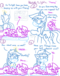 Size: 4779x6013 | Tagged: safe, artist:adorkabletwilightandfriends, minuette, twilight sparkle, alicorn, pony, unicorn, comic:adorkable twilight and friends, g4, adorkable, adorkable twilight, butt, comic, conversation, cute, dentist, dork, female, floss, flossing, habit, humor, lying down, mare, mask, meme, on back, plot, question, twilight sparkle (alicorn)