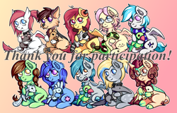 Size: 5610x3591 | Tagged: safe, artist:coco-drillo, oc, oc only, oc:barpy, oc:ciel, oc:delly, oc:ember, oc:kafr, oc:lucky brush, oc:marty (vlník), oc:northern cross, oc:nouth, oc:twizzle peas, dragon, earth pony, jackal, kirin, pegasus, pony, unicorn, braid, braided tail, chest fluff, chibi, clothes, cloven hooves, collar, commission, compilation, donation, ear fluff, earbuds, fangs, glasses, goatie, messy mane, plushie, ponytail, scarf, simple background, sitting, ych result