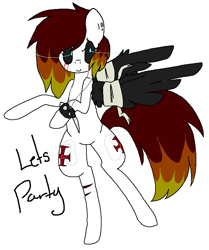 Size: 675x806 | Tagged: safe, artist:dramaostrich, oc, oc only, oc:cleancut, pegasus, pony, bandage, bandaged wing, black sclera, blood, collar, crying, cutie mark, ear piercing, female, jewelry, knife, necklace, piercing, simple background, solo, spiked collar, tears of blood, text, white background, wings