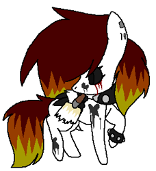 Size: 304x334 | Tagged: safe, artist:dramaostrich, oc, oc only, oc:cleancut, oc:rainbow death, pegasus, pony, bandage, bandaged wing, black sclera, blood, changing, choker, crying, ear piercing, female, implied oc, paint, paintbrush, painting, piercing, simple background, solo, spiked choker, spiked wristband, tears of blood, tricolor mane, white background, wings, wristband
