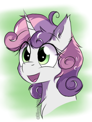Size: 900x1200 | Tagged: safe, artist:blazyplazy, sweetie belle, pony, unicorn, g4, bust, chest fluff, cute, diasweetes, ear fluff, female, filly, frizzy hair, open mouth, portrait, smiling, solo