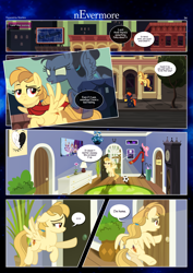 Size: 3259x4607 | Tagged: safe, artist:estories, oc, oc only, oc:alice goldenfeather, oc:penumbra, pegasus, pony, comic:nevermore, alley, barrel, bipedal, comic, dialogue, duo, duo female, female, male, manehattan, mare, pegasus oc, speech bubble, wings