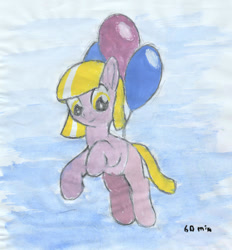 Size: 1024x1102 | Tagged: safe, artist:mraagh, oc, oc only, oc:maze, earth pony, pony, balloon, bangs, cute, eyes open, female, filly, floating, flying, happy, looking down, multicolored hair, multicolored mane, painted, party balloon, short mane, short tail, simple background, sky background, smiling, solo, yellow eyes, yellow mane