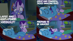 Size: 1280x720 | Tagged: safe, editor:quoterific, starlight glimmer, trixie, g4, road to friendship, hammock, pillow, sleep talking, trixie's wagon