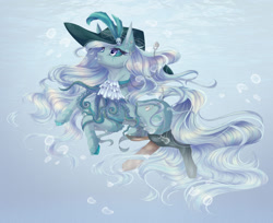Size: 1280x1047 | Tagged: safe, artist:muna, oc, oc only, pony, art trade, bubble, chains, crepuscular rays, eyelashes, feather, female, flowing mane, flowing tail, hat, lock, ocean, purple eyes, solo, sparkles, speedpaint, swimming, tentacles, trade, underwater, water