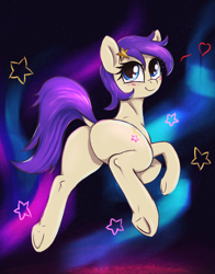 Size: 2350x3000 | Tagged: safe, artist:t72b, star dancer, earth pony, pony, g4, aurora borealis, blushing, butt, floating, hairpin, high res, looking back, plot, raised tail, rear view, sky, solo, space, star dancer appreciation collab, stars, tail