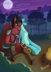 Size: 2480x3508 | Tagged: safe, artist:reminic, princess ember, oc, dragon, anthro, unguligrade anthro, g4, anthro oc, campfire, canon x oc, commission, couple, cute couple, dragoness, duo, female, fire, fireplace, forest, high res, hug, night, night sky, shipping, sky