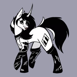 Size: 2048x2048 | Tagged: safe, artist:lunathemoongod, oc, oc only, pony, unicorn, black and white, collar, forked tongue, grayscale, high res, makeup, monochrome, piercing, simple background, sketch, socks, solo, tattoo, torn clothes, torn ear, torn socks