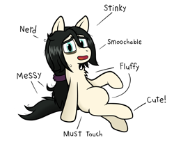 Size: 1084x929 | Tagged: safe, artist:scraggleman, oc, oc only, oc:floor bored, earth pony, pony, anatomy guide, messy mane, messy tail, nerd pony, open mouth, simple background, sitting, smiling, solo, text, white background