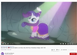 Size: 1299x919 | Tagged: safe, screencap, rarity, pony, unicorn, a dog and pony show, g4, bright, clothes, dress, female, happy, implied shipping, implied sparity, implied straight, mare, offscreen character, open mouth, princess, smiling, solo, sparkles, spotlight, windswept mane, youtube, youtube link