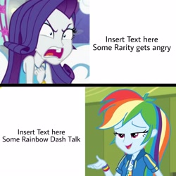 Size: 2289x2289 | Tagged: safe, rainbow dash, rarity, equestria girls, equestria girls series, g4, holidays unwrapped, rollercoaster of friendship, spoiler:eqg series (season 2), angry, bedroom eyes, duo, female, furious, geode of shielding, geode of super speed, high res, implied sunset shimmer, lidded eyes, magical geodes, meme, meme template, open mouth, rage, rarirage
