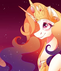 Size: 1080x1275 | Tagged: safe, artist:tessa_key_, oc, oc only, oc:queen galaxia, alicorn, pony, alicorn oc, bust, ethereal mane, female, gradient background, horn, jewelry, looking up, mare, peytral, solo, starry mane, tiara, wings