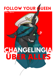 Size: 1414x2000 | Tagged: safe, alternate version, artist:egil, queen chrysalis, changeling, changeling queen, equestria at war mod, g4, bedroom eyes, cap, clothes, commander, female, hat, lip bite, looking at you, modern art, smiling, smiling at you, solo