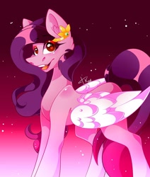 Size: 1080x1275 | Tagged: safe, artist:tessa_key_, pipp petals, pegasus, pony, g5, adorapipp, cute, female, looking at you, mare, open mouth, red eyes, red-eyed pipp, signature, solo, spread wings, standing, three quarter view, wings