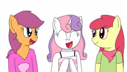 Size: 1280x720 | Tagged: safe, artist:fruiitypieq, artist:shycookieq, apple bloom, scootaloo, sweetie belle, earth pony, pegasus, unicorn, anthro, g4, bust, clothes, cutie mark crusaders, eyes closed, female, horn, simple background, smiling, white background