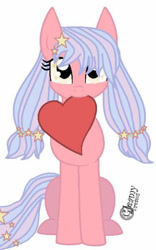 Size: 460x738 | Tagged: safe, artist:fruiitypieq, artist:shycookieq, oc, oc only, earth pony, pony, base used, earth pony oc, eyelashes, female, heart, heart pillow, mare, mouth hold, pillow, signature, simple background, solo, white background