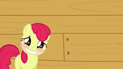 Size: 1280x720 | Tagged: safe, edit, edited screencap, editor:slayerbvc, screencap, apple bloom, earth pony, pony, g4, one bad apple, accessory-less edit, blushing, female, filly, grin, missing accessory, smiling, solo