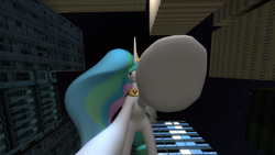 Size: 1024x576 | Tagged: safe, artist:gmodpon-e, edit, princess celestia, alicorn, pony, g4, 3d, building, city, female, giantlestia, gmod, hoof focus, imminent crushing, it's coming right at us, macro, mare, micro, missing accessory, night, offscreen character, pov, smiling, solo, stars, underhoof