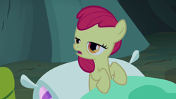 Size: 1280x720 | Tagged: safe, edit, edited screencap, editor:slayerbvc, screencap, apple bloom, earth pony, pony, g4, season 3, sleepless in ponyville, accessory-less edit, bags under eyes, female, filly, missing accessory, pillow, sleeping bag, solo, tired